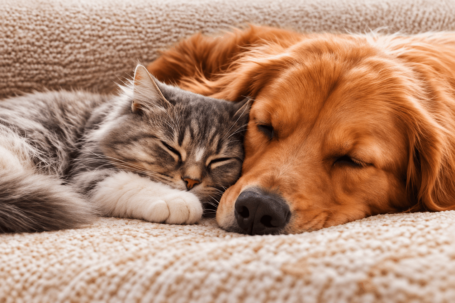 Perro y gato descansando sobre un sofá